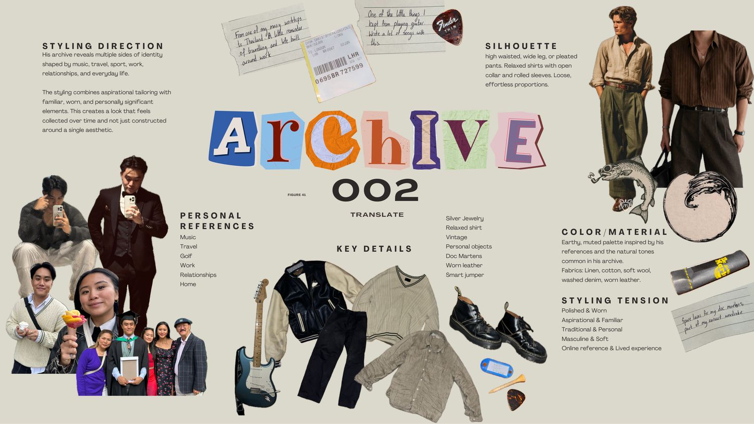 Styling direction board for participant 002 — earthy muted palette, linen and washed denim, relaxed tailoring, with the styling tensions polished and worn, aspirational and familiar