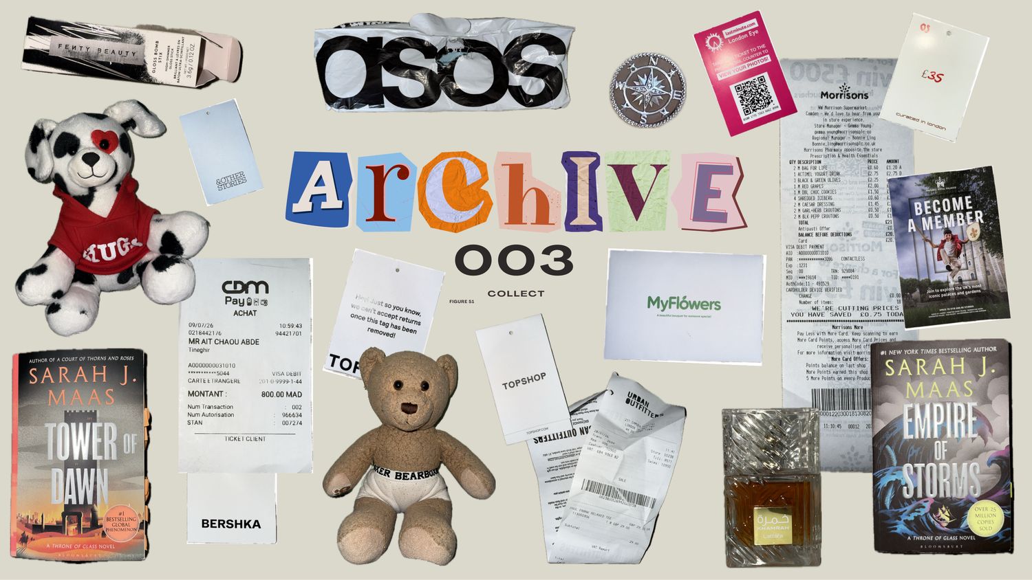 Collected ephemera — receipts, soft toys, books, clothing labels and travel documents arranged as a collage