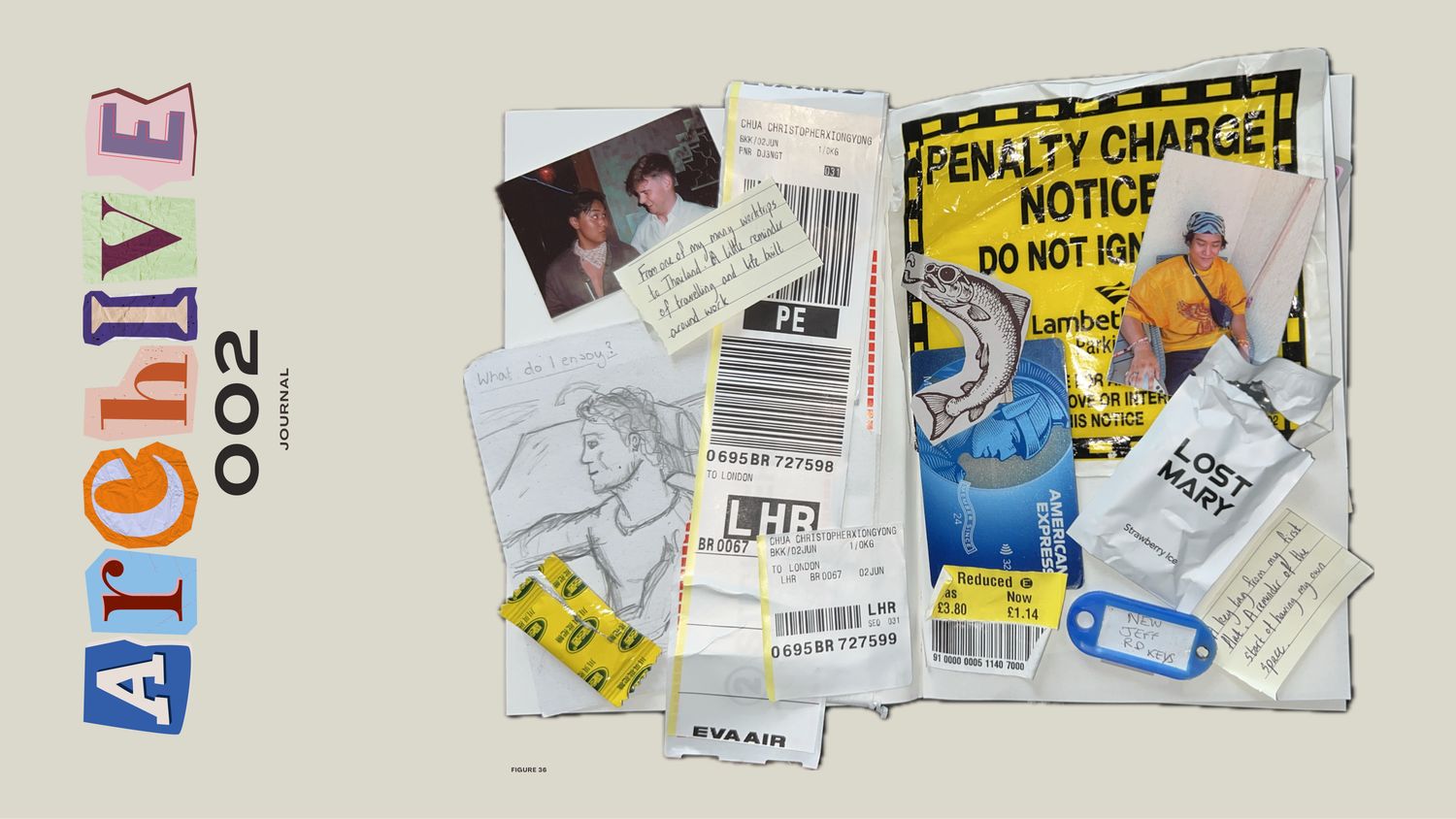 Handmade participant journal spread with photographs, boarding passes, receipts and handwritten notes